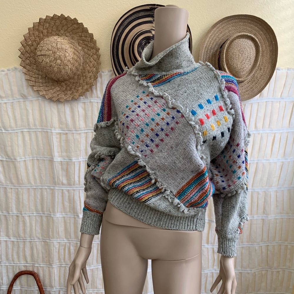 Vintage 80s Multi-Color Pattern Turtleneck - Picture 3 of 8